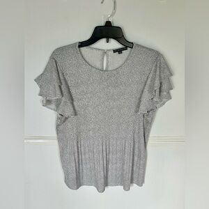 Adrianna Papell Woman’s Speckled Gray Ruffle Blouse and pleated front. M